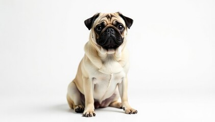 Obraz premium Adorable pug dog sits alone, white background, isolated, one