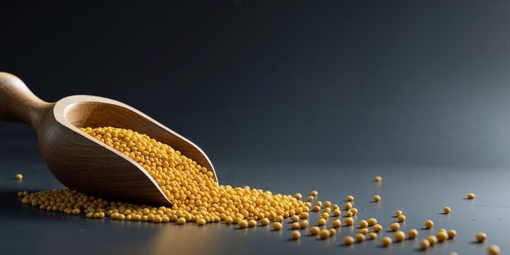 Yellow mustard seeds spilling from a wooden scoop on a dark surface