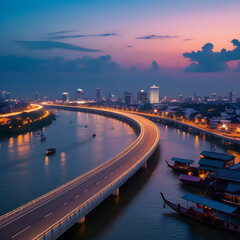 Twilight Curve of Expressway by River in Bangkok