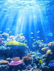 Obraz premium Fish swim amidst coral reef formations bathed in sunlight under the turquoise ocean water