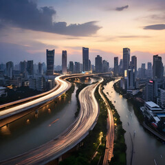 Fototapeta premium Twilight Curve of Expressway by River in Bangkok