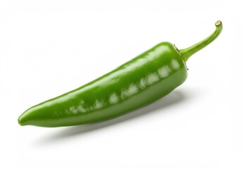 A single green chili pepper with a stem lying on a white surface in a studio setting, close up view