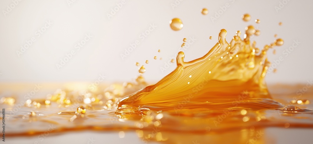 Poster golden liquid splash with droplets creating dynamic motion and texture