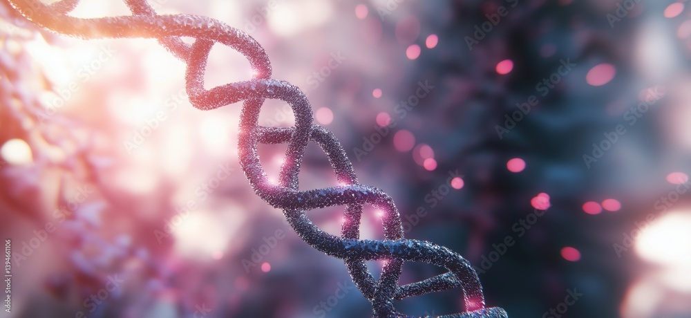 Poster 3d representation of dna double helix structure with glowing particles and abstract background