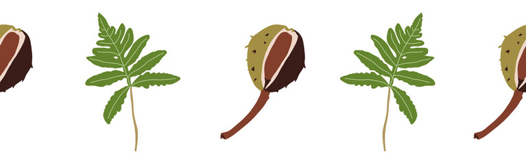 Border leaves and nuts on a white background. Hand-drawn illustration. Perfect for spring and summer.	