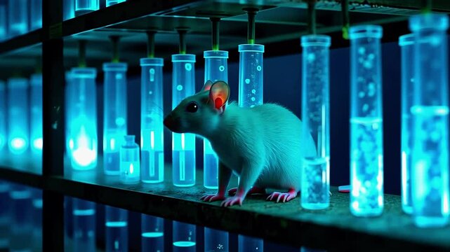 A white laboratory mouse exploring a shelf of glowing test tubes filled with colorful liquids