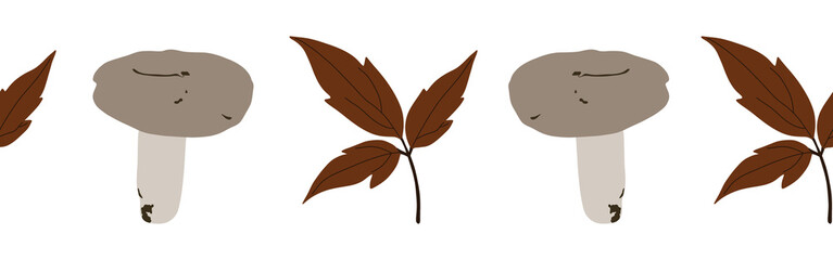 Green leaves and mushrooms border on a white background. Hand-drawn illustration. Perfect for spring and summer.	