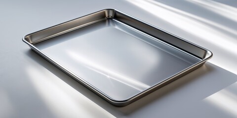 Metallic baking sheet on a clean white backdrop ready for culinary creations
