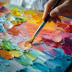 Artist s Hand Painting Vibrant Impasto Oil Colors on Canvas