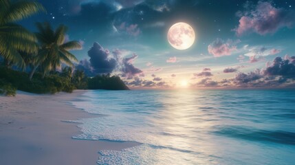 Tropical beach with palm trees and full moon rising over the ocean at sunset