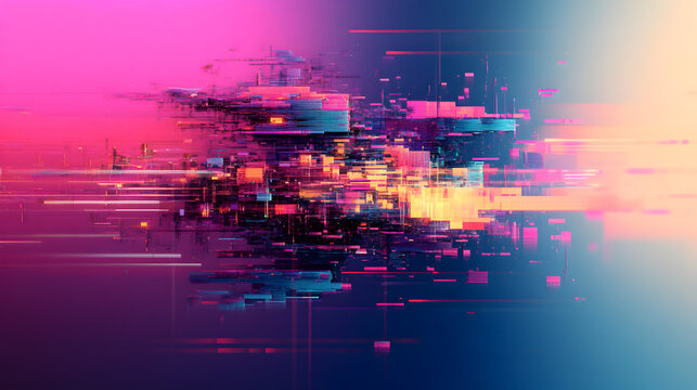 overlay with pixelated noise, interrupted images, and a sharp color contrast 