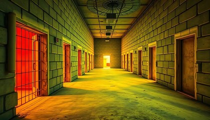 Claustrophobic corridor with repetitive doors, evoking institutional feeling