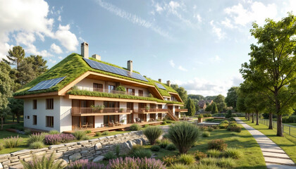 Concept of environmental housing of the future. Energy conservation. Green roofs. Natural landscape. Solar panels