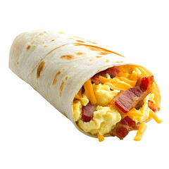 A breakfast burrito with scrambled eggs, bacon, and shredded cheese, isolated on transparent background.