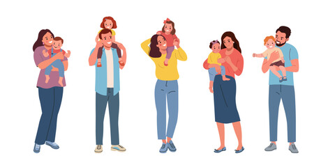 Young  moms and dads with children. Vector cartoon flat style illustration