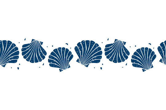 Seamless border of seashells, blue scallops frame illustration.