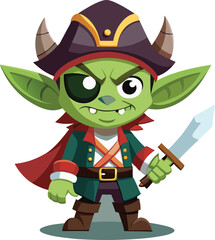 Cartoon goblin dressed as a pirate with eyepatch and sword. Mischievous fantasy creature with green skin and pirate outfit. Fun and adventurous character in flat style for games, comics, and vector co