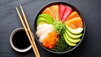 A vibrant sushi bowl featuring assorted fresh fish, vegetables, and wasabi.