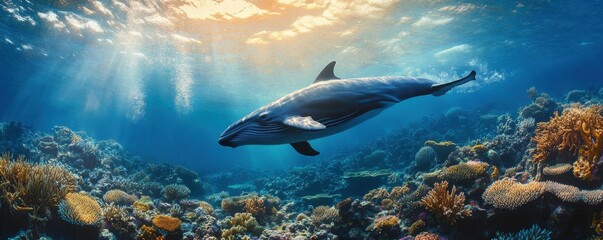 Obraz premium A whale swimming in the ocean with a coral reef in the background