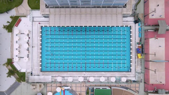 Aerial top down shot of an Olympic swimming pool at Regatas Club in Chorrillos, Lima, Peru