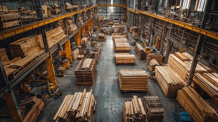 Expansive factory interior displays a meticulous arrangement of wooden pieces, highlighting the timber industry’s efficiency. Workers and machinery work diligently throughout the space