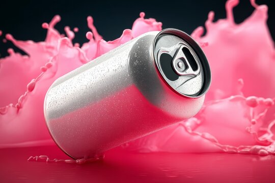 Lata blanca derrapando en l&iacute;quido rosa, un momento din&aacute;mico lleno de energ&iacute;a y creatividad visual