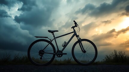 Obraz premium Silhouette of a mountain bike at sunset, dramatic sky