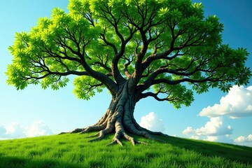 Fototapeta premium A majestic tree with gnarled branches extends towards the sky, leaves, green