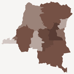 Map of the Democratic Republic of the Congo with regions. A simple country border map with regional divisions, using a brown color palette.