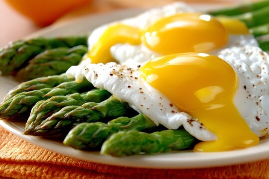Esparragos franceses con huevo poch&eacute; y yema dorada en un plato delicioso
