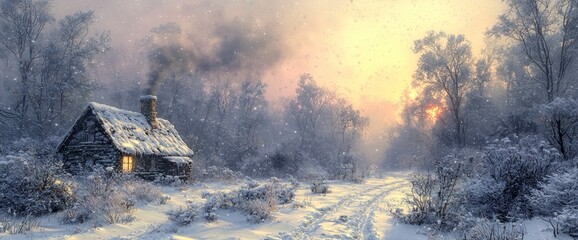 Fototapeta premium Snowy winter landscape with a rustic cabin