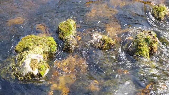 Closeup of crystal clear Scottish river flowing over rocky terrain in Sutherlands highlands of Scotland UK