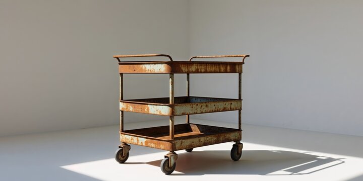 An aged and rusted metal service cart with multiple tiers