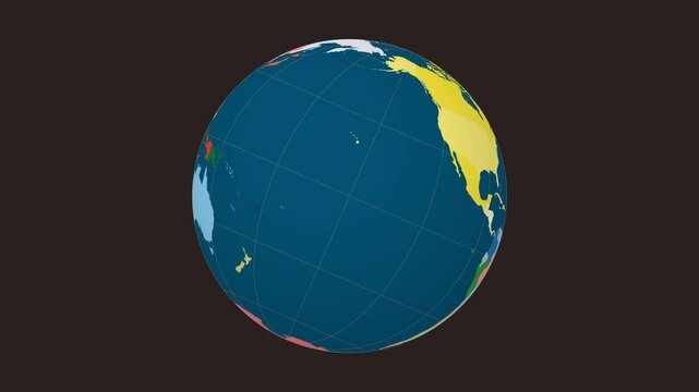 Spinning earth. Tilted sphere view. Slow speed globe rotation. Colored countries style. World map with graticule lines on desaturated background. Admirable animation.