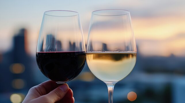wine tasting event, friends enjoying national wine day on a rooftop bar, raising glasses and savoring the city skyline at dusk