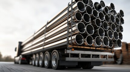 A freight truck loaded with shiny metal pipes, conveying a sense of industrial strength and efficiency.