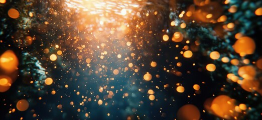 Underwater light rays illuminating floating particles in serene ocean environment