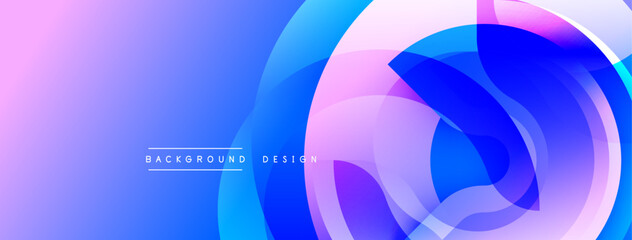 Abstract fluid shapes, vibrant blue, purple gradients create dynamic background. Overlapping circles suggest movement, modern design aesthetic. Smooth transitions, clean lines.