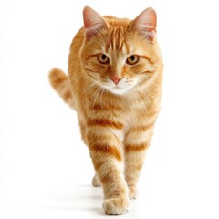 Orange tabby cat walking forward isolated on white background
