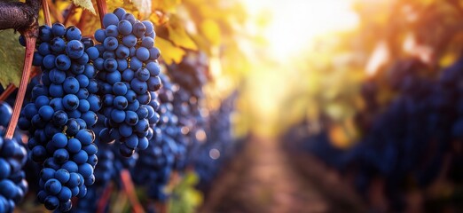 Vibrant Blue Grapes Hanging in Vineyard Under Warm Sunlight