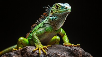 Obraz premium A vibrant green iguana rests on a rock, showcasing its unique colors and textures, blending beautifully with its surroundings