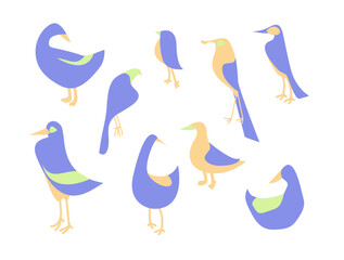 Set abstract geometric birds in modern fashion minimal art style on a white background. Duck, sparrow. Cartoon bright concept design. Decorative bauhaus composition. Creative vector flat illustration.