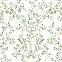 Seamless pattern with tree branches and leaves for surface design and other design projects. Retro plants style. Vertical decorative flowers, modern motif
