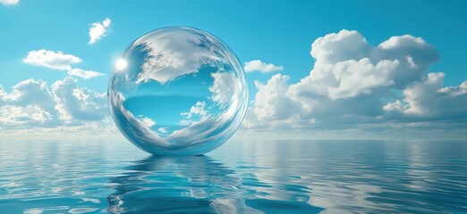Reflective bubble floating on calm water under blue sky with clouds