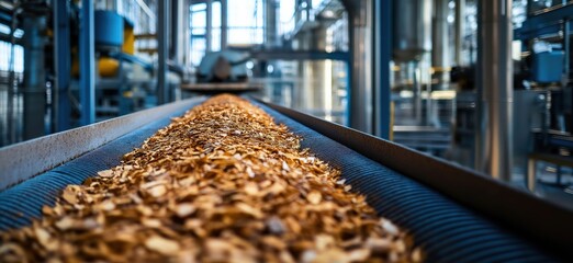 Industrial conveyor belt transporting wood chips in modern processing facility