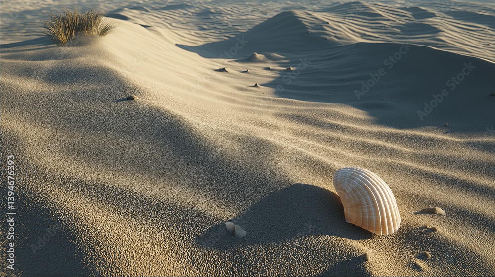 Poster Close-up of textured sand dunes with ripples and shadow play, a single seashell resting in the foreground