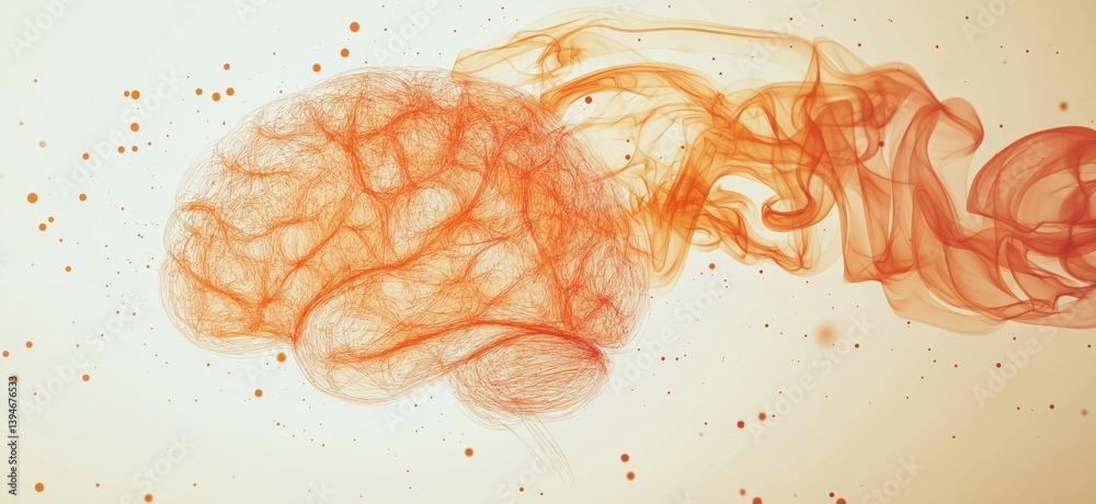 Poster abstract representation of brain with flowing orange lines and particles for creative concepts