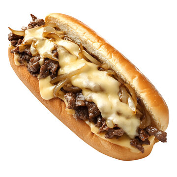 A Philly cheesesteak with oozing cheese and saut?ed onions, isolated on transparent background.
