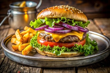 Delicious Cheeseburger With French Fries On Rustic Wood Close Up Of A Mouthwatering Burger Meal, burger, cheeseburger, food, hamburger, fries, french fries, meal, delicious, restaurant, sandwich, beef
