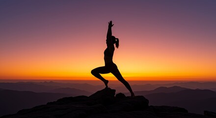 Silhouette of a Woman Practicing Yoga on a Mountain Peak at Sunset with a Vibrant Sky.